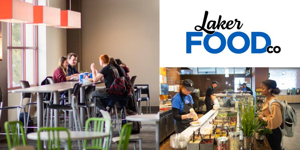 Images of students dining at Kleiner and The Connection, with the Laker Food Co logo